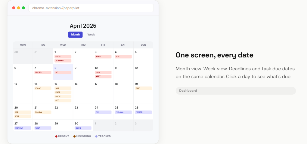 PaperPilot calendar view showing conference deadlines on a monthly grid