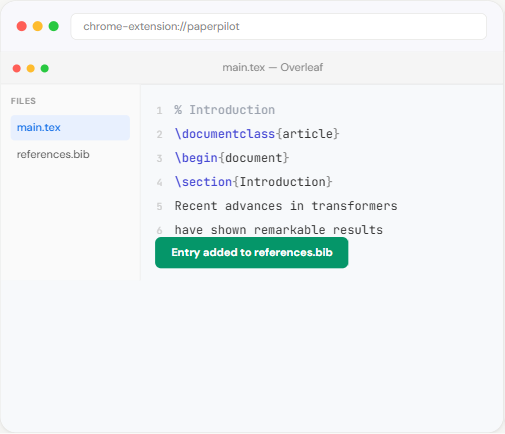 PaperPilot citation helper inserting a BibTeX entry directly into an Overleaf document