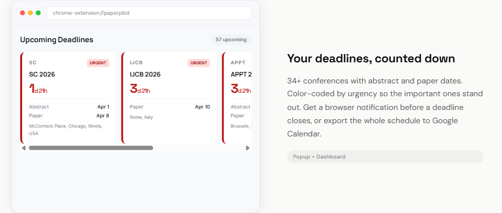 PaperPilot showing upcoming conference deadlines with live countdown timers