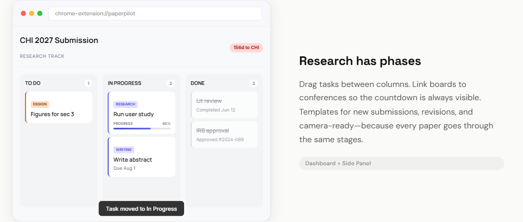 PaperPilot kanban board showing research paper tasks organized in To Do, In Progress, and Done columns