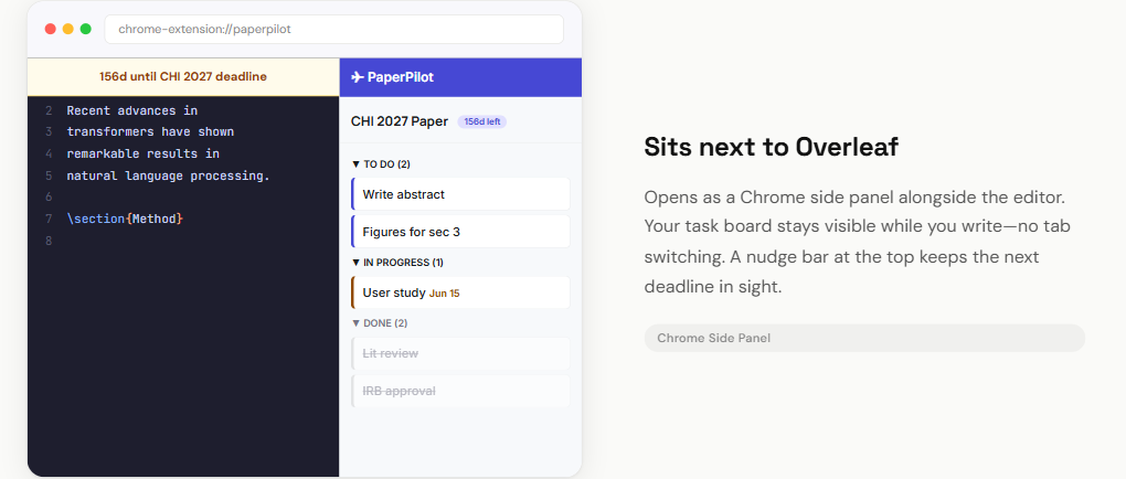 PaperPilot side panel open alongside the Overleaf editor showing kanban tasks and deadline countdown